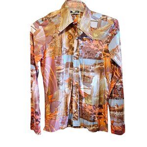 VTG 70s Mens Disco Acetate Button Up Shirt Large Owl Photo Collage Collar Silky